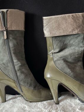 Artemis Design Co. Olive and Metallic Fold-Over Mid-Calf Heeled Boots